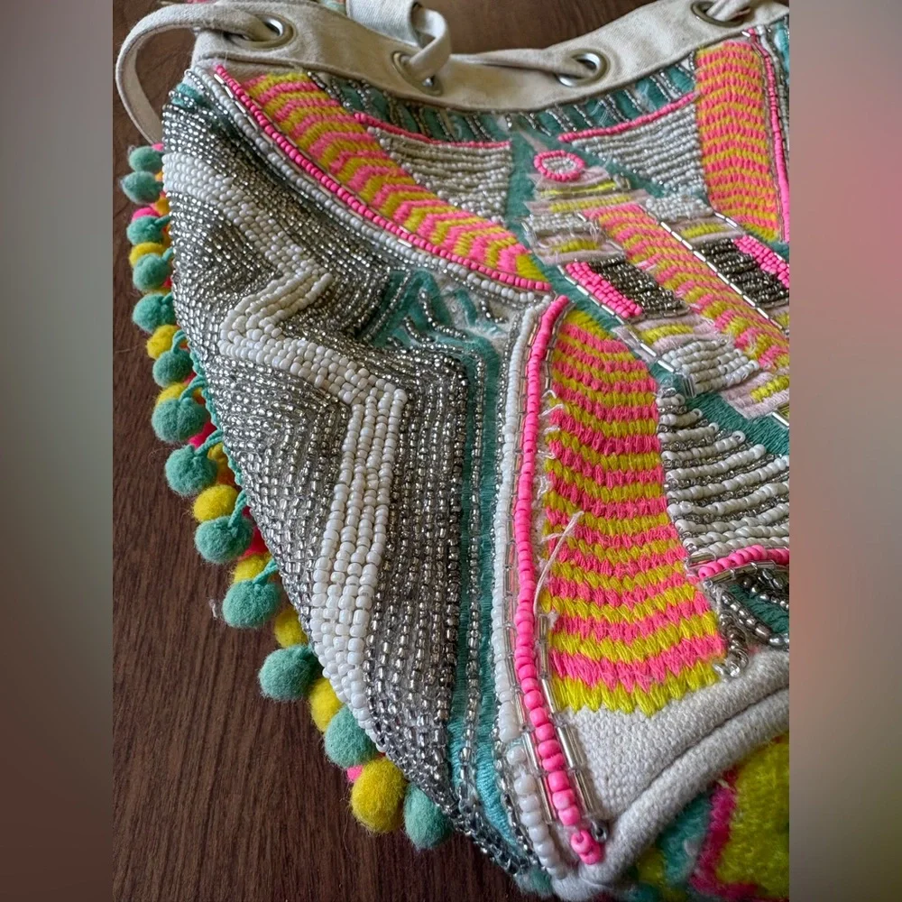Embroidered Boho Bucket Bag with Pink and Turquoise Accents